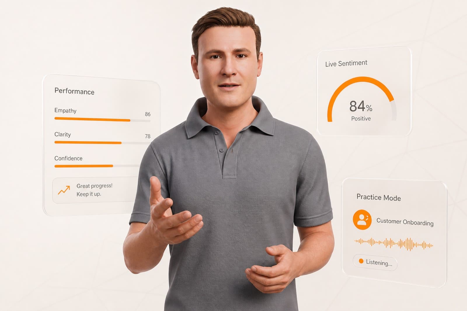 A Believable Human mid practice session with live performance scoring and sentiment feedback
