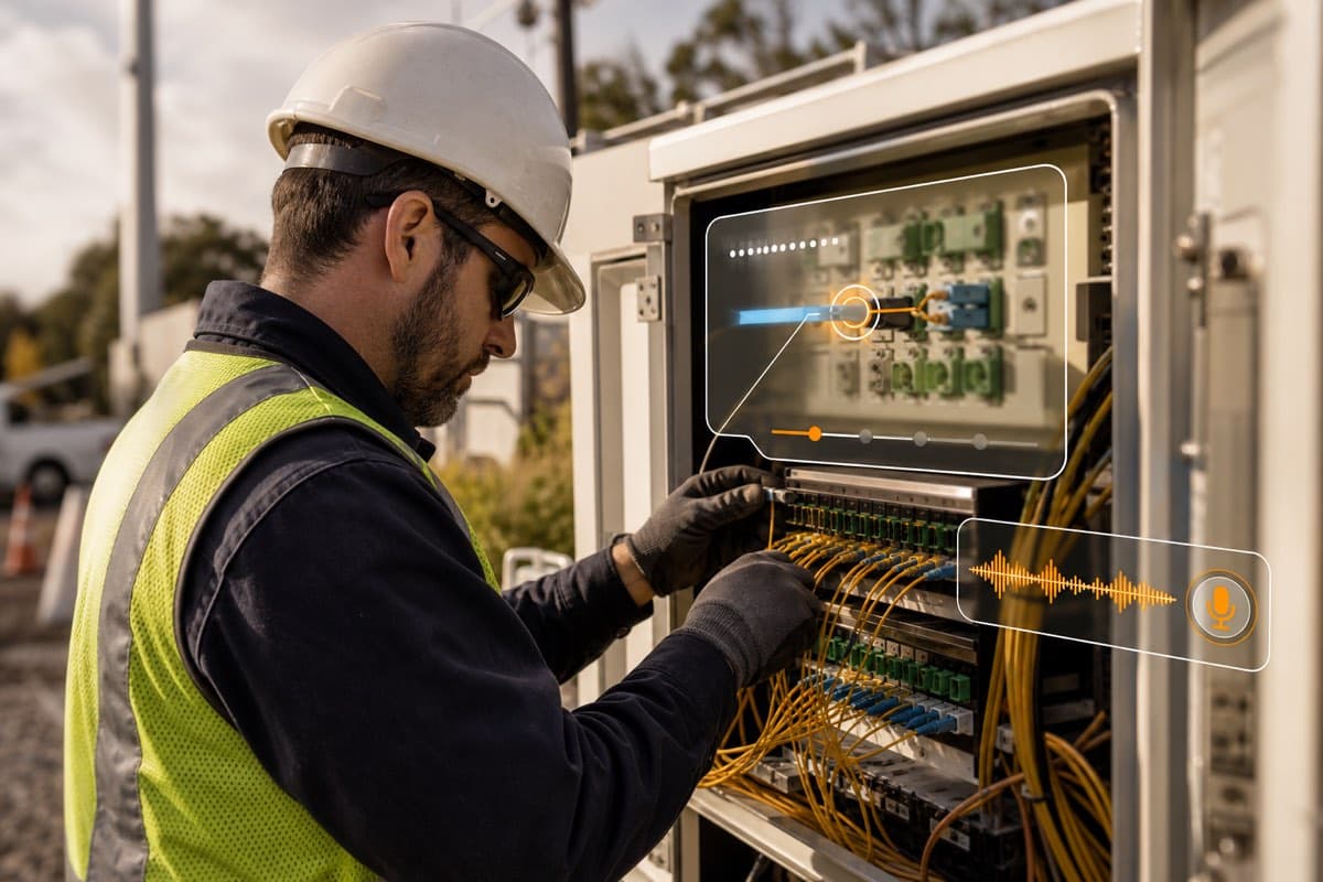 A field technician practicing a repair procedure on fiber equipment with virtual guidance overlays