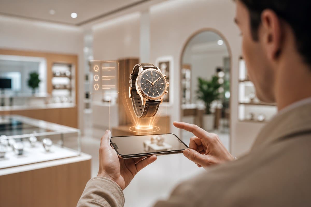 A customer viewing a holographic watch in augmented reality above their phone in a store