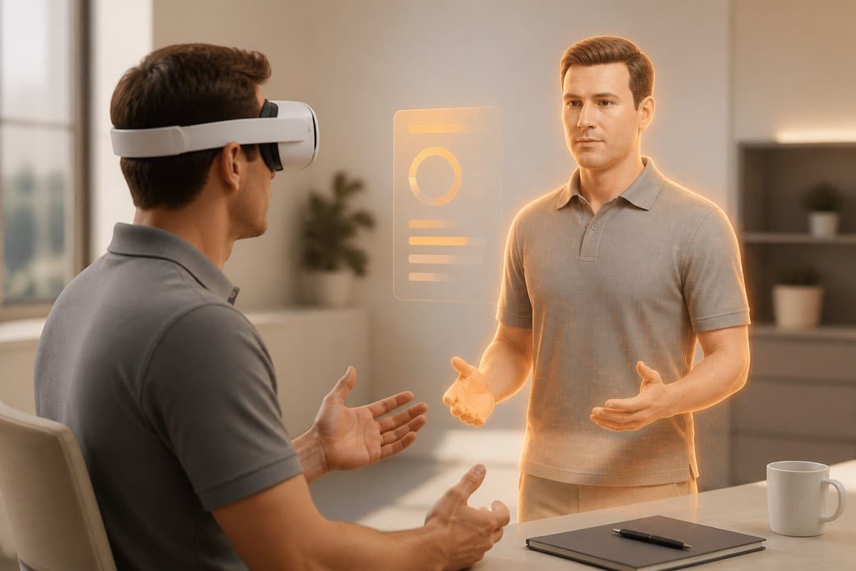 A trainee in a VR headset practicing a conversation with a holographic AI character