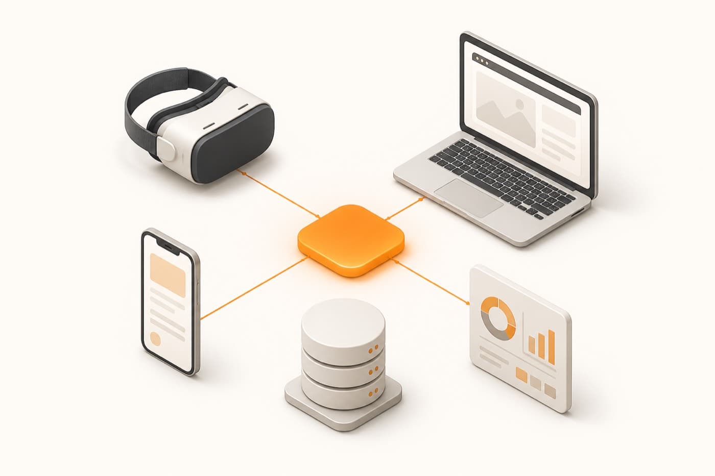 Diagram of the connected Kinemeric ecosystem linking headset, browser, mobile, data, and dashboards