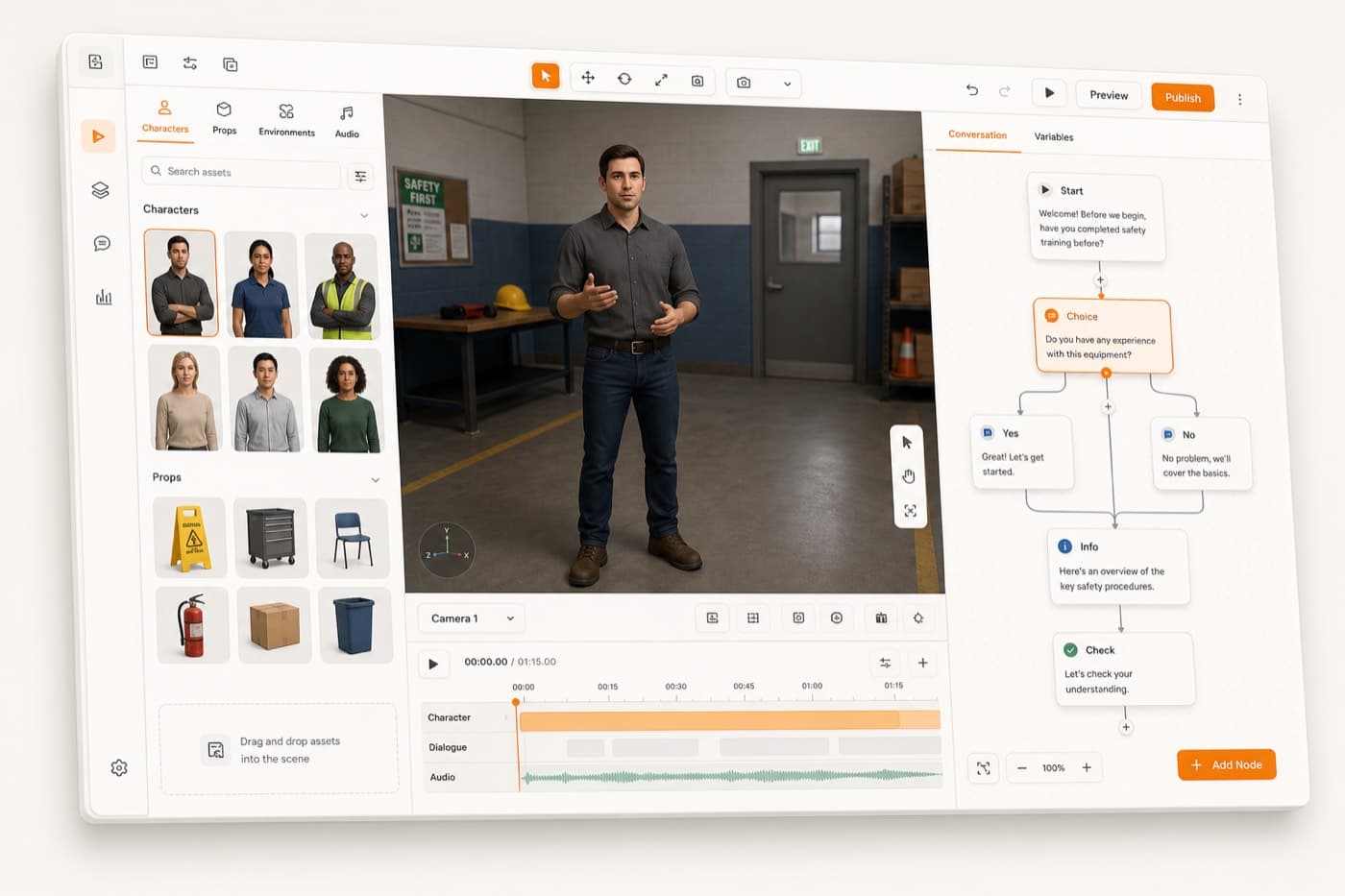 Spatial Studio authoring interface with a 3D character scene and a branching conversation graph